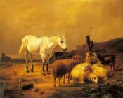 尤金约瑟夫维保盖文 - A Horse, Sheep and a Goat in a Landscape